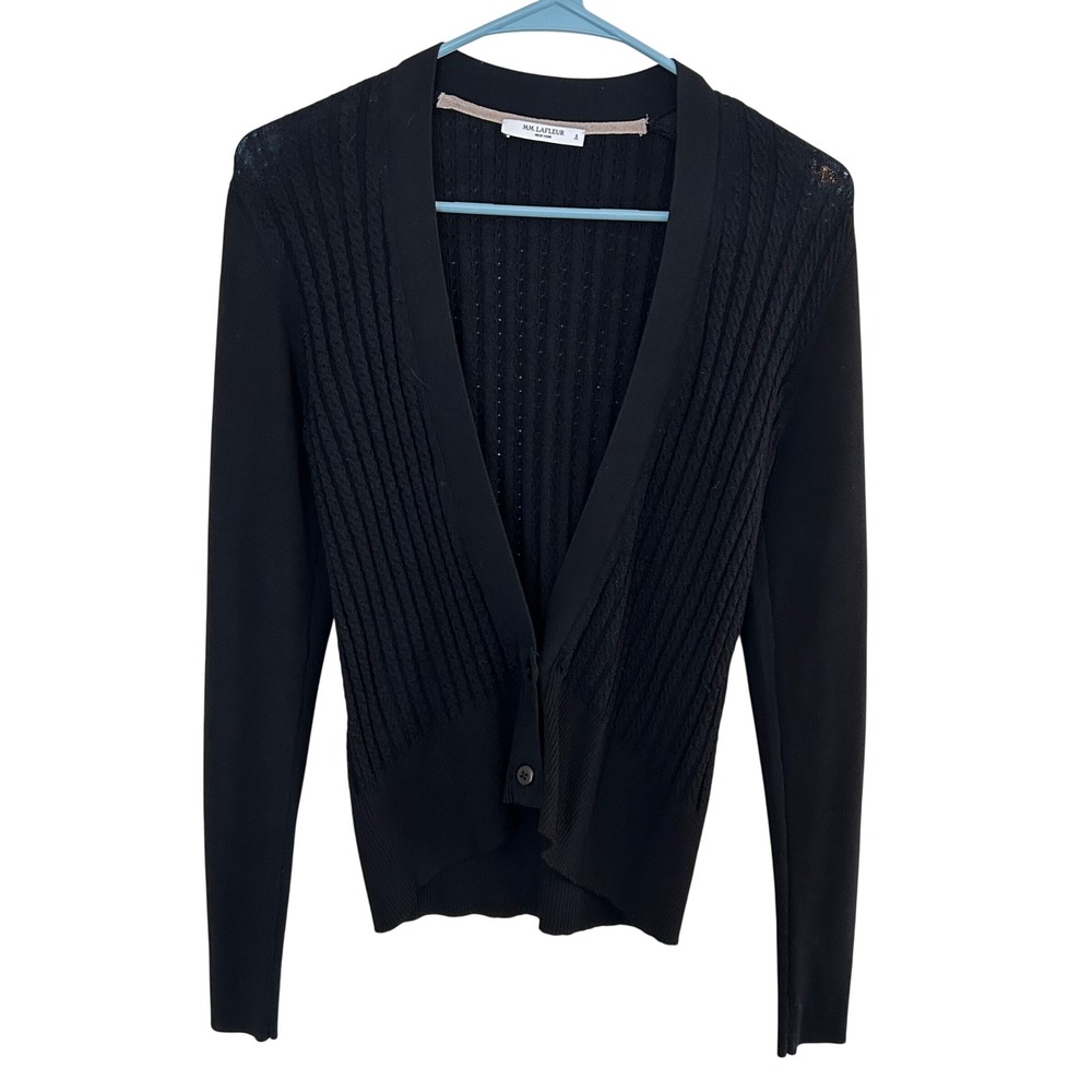 MM LaFleur Cardigan Womens S Black Cable Knit V-Neck Button Italian Yarn Sweater - Picture 5 of 8
